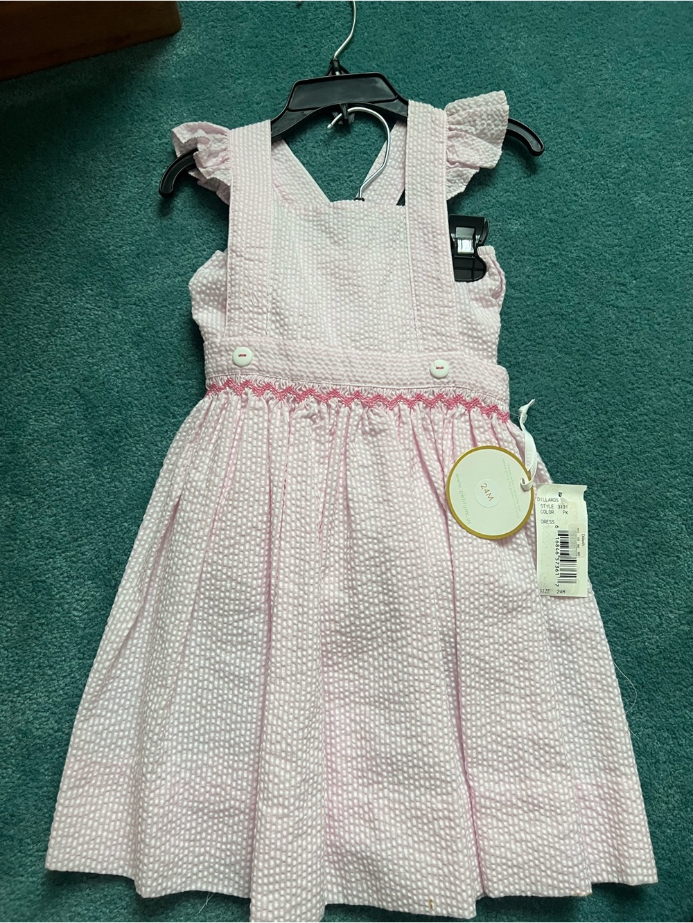 Petit Ami Pale Pink Smocked Seersucker Pinafore